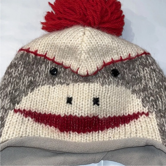 DELUX Gray monkey Face WOOL BLEND Knit Hat RED Pom On Top, Hanging Ties W/ Poms - Picture 9 of 9
